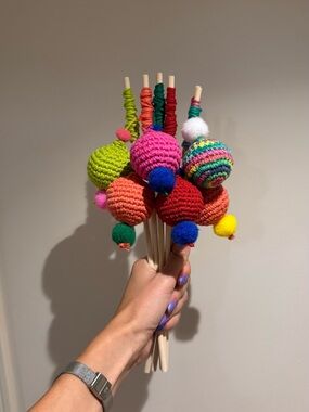Colorful Crochet Pom-Pom Cat Wand Toy - Multicolor